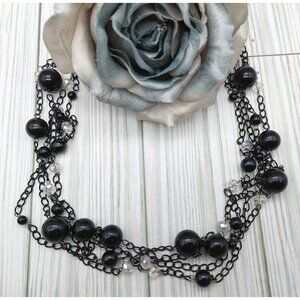CJ Banks Black Chain Beaded Multi Strand Necklace Clear Beads 27"